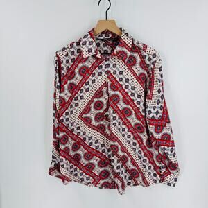 ZARA Boho Paisley Print Button Down Shirt Red Blue Cream Long Sleeve Top Size M